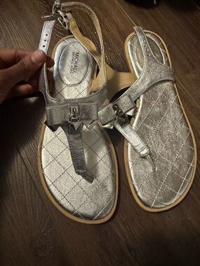 MICHAEL Michael Kors Metallic Silver Quilted T-Strap Sandals